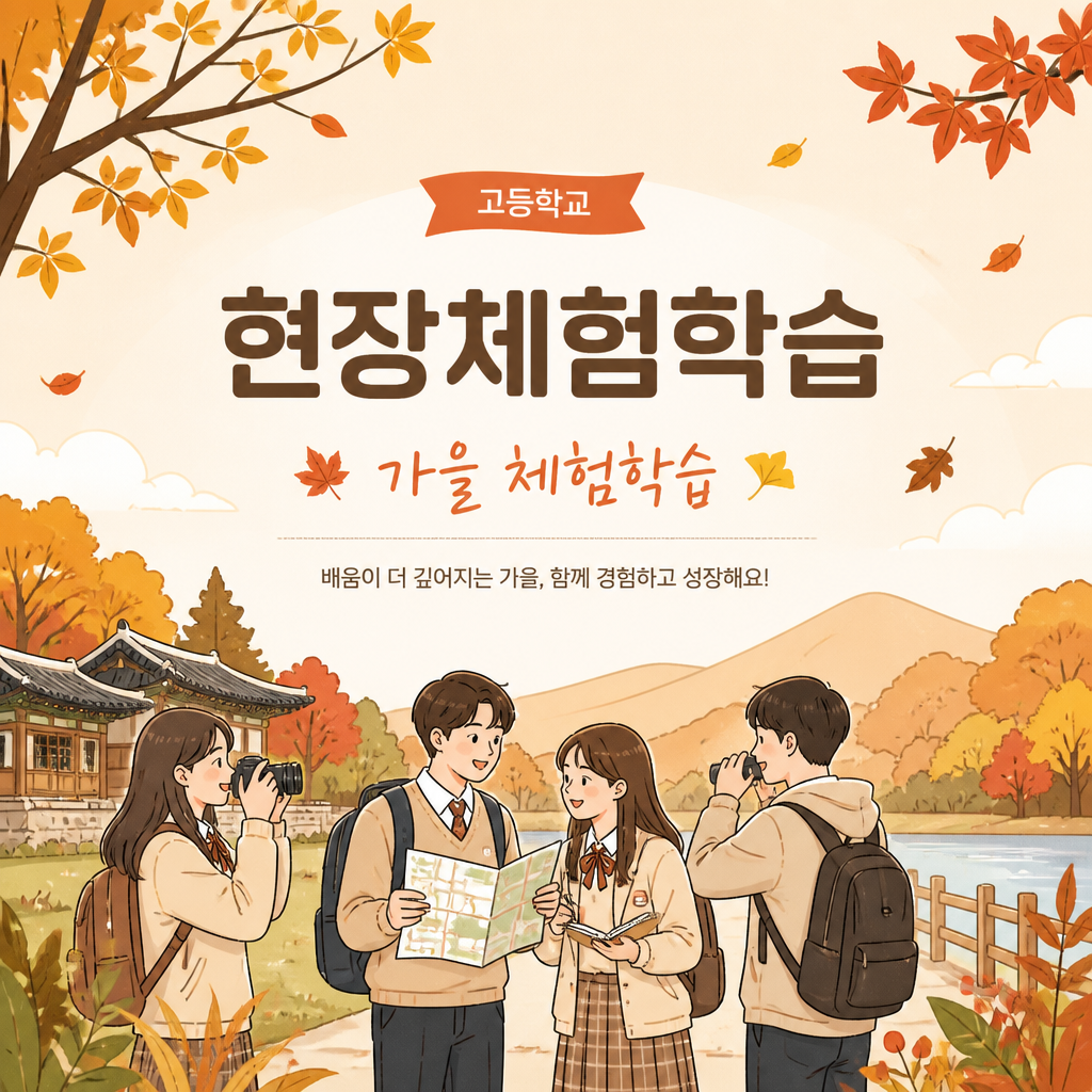 목적: 기타. 주제: 현장체험학습 · 가을 체험학습. 대상: 고등학교. 스타일: 깔끔한 라인. 활용 목적: 발표자료(PPT). 핵심 키워드: 현장체험학습, 가을, 고등학교, 발표자료, 학생. 결과물: 삽화. 가을 테마의 따뜻한 삽화