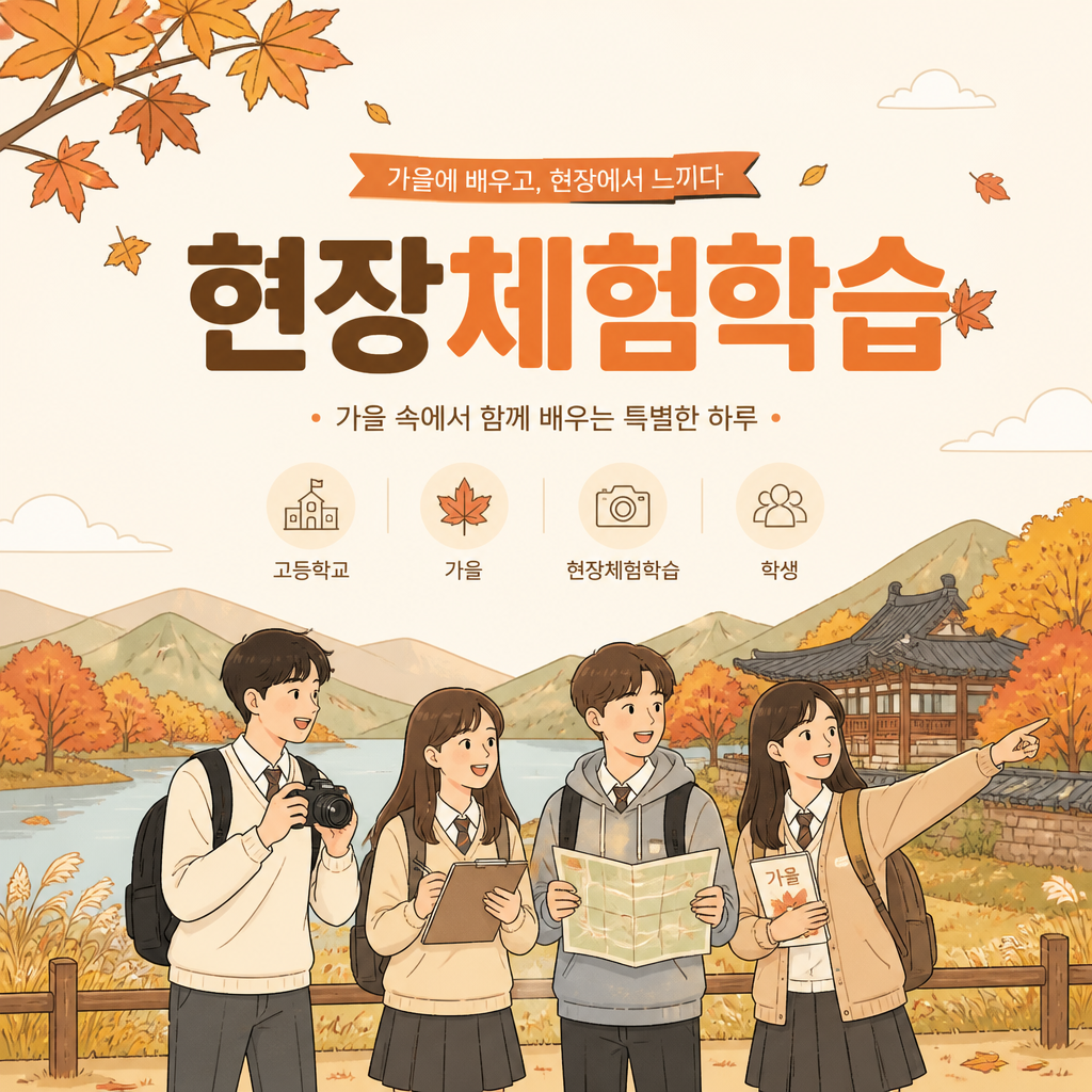목적: 기타. 주제: 현장체험학습 · 가을 체험학습. 대상: 고등학교. 스타일: 깔끔한 라인. 활용 목적: 발표자료(PPT). 핵심 키워드: 현장체험학습, 가을, 고등학교, 발표자료, 학생. 결과물: 삽화. 가을 테마의 따뜻한 삽화